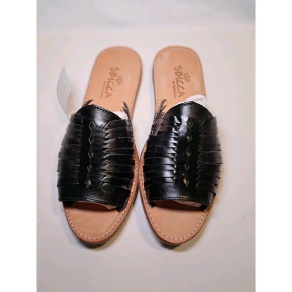 NEW SBICCA Lawrin Flat Sandal Slide Black Leather Open Toe Slip On PS100 Size 8 - Picture 2 of 8